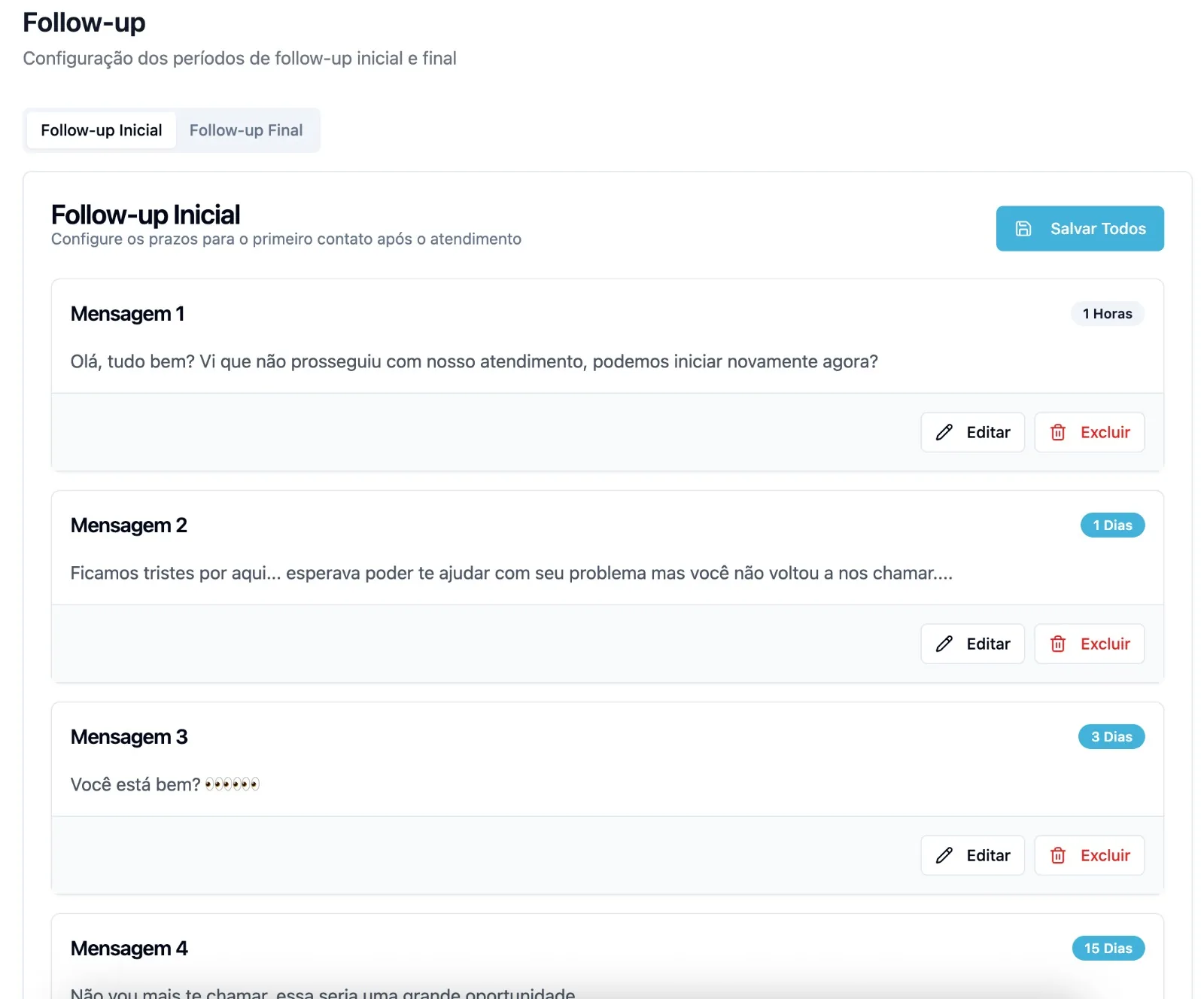 Módulo de follow-up automático da AtendenteX com as tentativas de contato programadas.