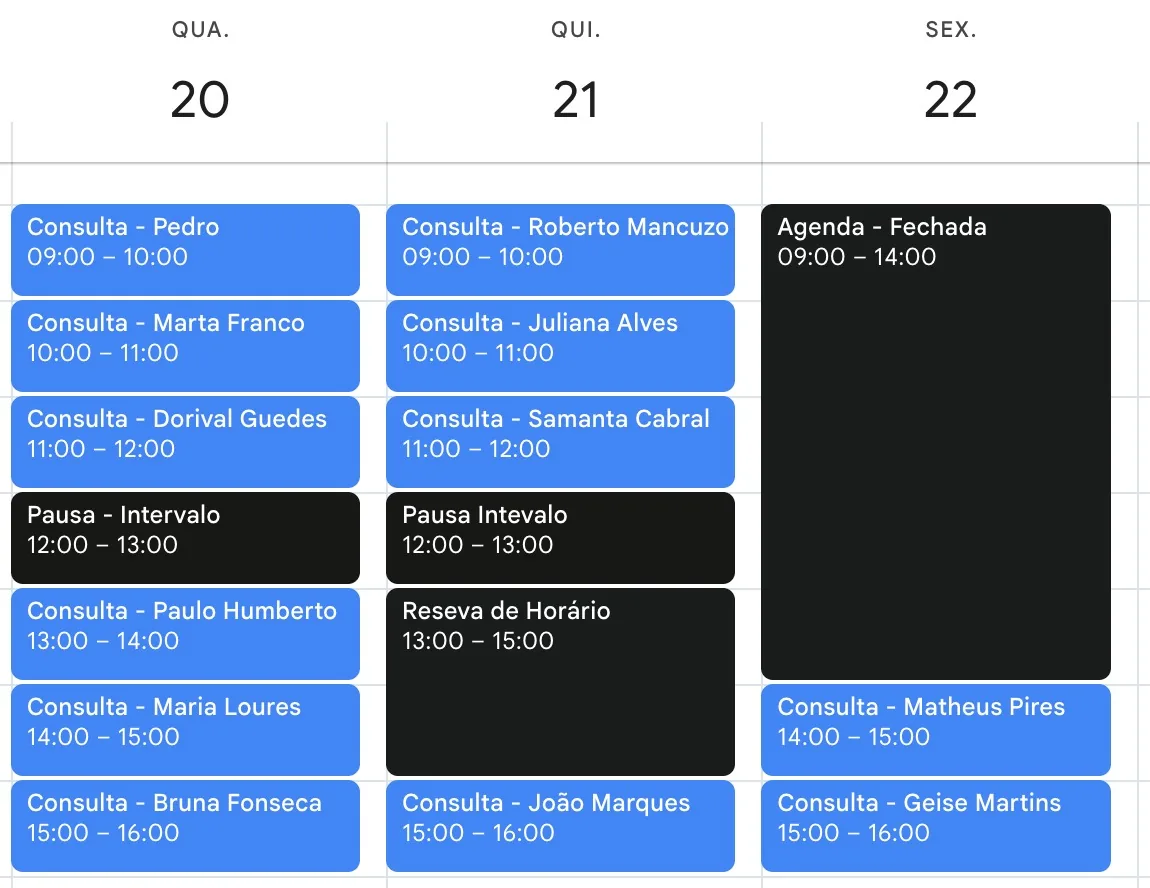 Integração da AtendenteX com o Google Agenda marcando os atendimentos.
