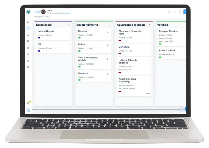 Painel da AtendenteX com as conversas organizadas em colunas de funil Kanban.